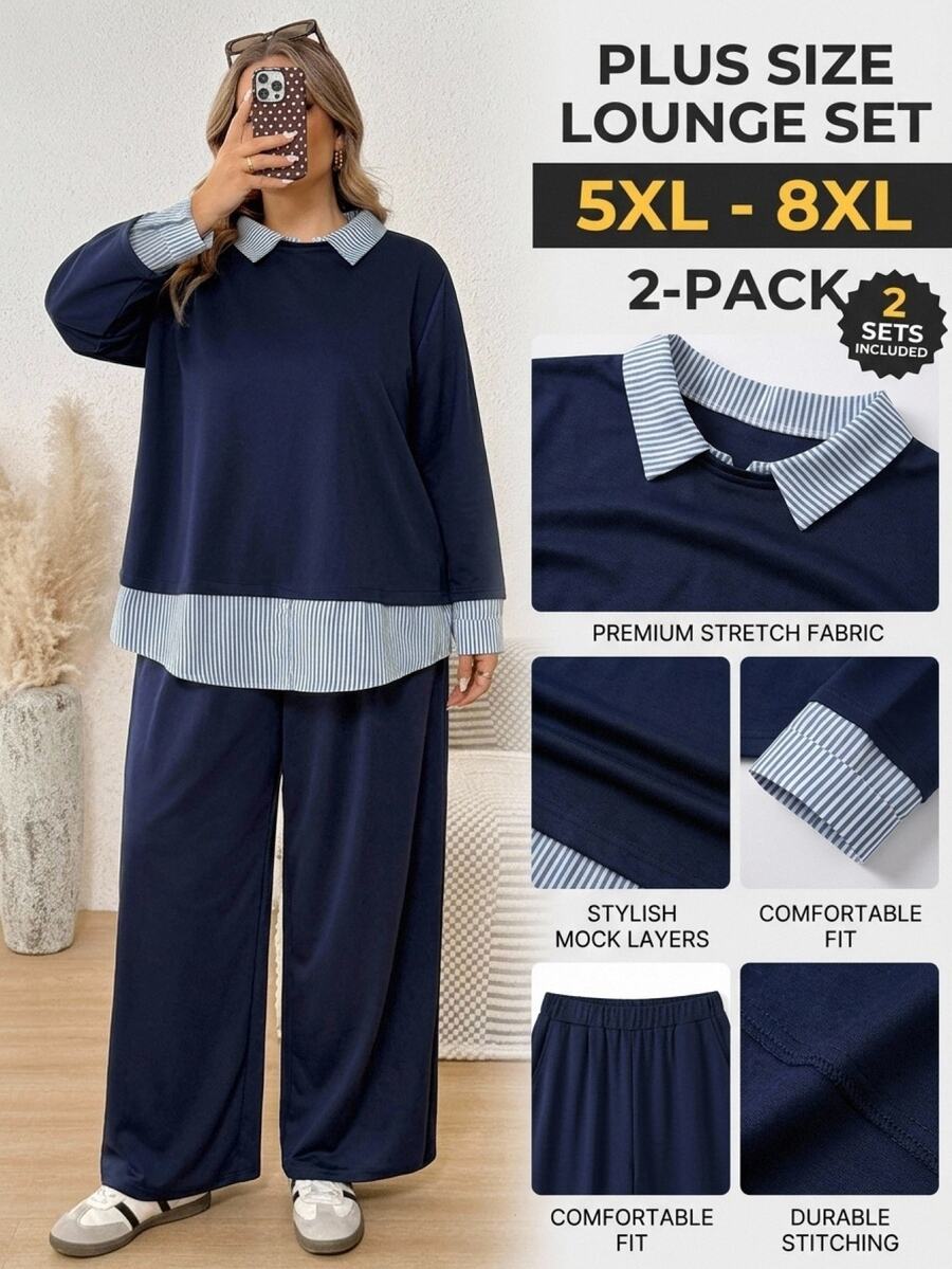 SHEIN CURVE+ Plus Size Striped Patchwork 2 In 1 Top And Pants Set Fall - Navy Blue - View 1
