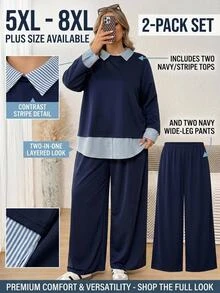 SHEIN CURVE+ Plus Size Striped Patchwork 2 In 1 Top And Pants Set Fall - Navy Blue - View 9