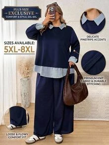 SHEIN CURVE+ Plus Size Striped Patchwork 2 In 1 Top And Pants Set Fall - Navy Blue - View 8