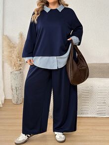 SHEIN CURVE+ Plus Size Striped Patchwork 2 In 1 Top And Pants Set Fall - Navy Blue - View 3
