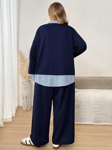 SHEIN CURVE+ Plus Size Striped Patchwork 2 In 1 Top And Pants Set Fall - Navy Blue - View 2