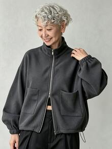 FRIFUL Women's Solid Color Zipper Casual Versatile Daily Wear Sweatshirt Fall - Grey - View 8