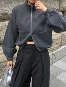 FRIFUL Women's Solid Color Zipper Casual Versatile Daily Wear Sweatshirt Fall - Grey - View 5