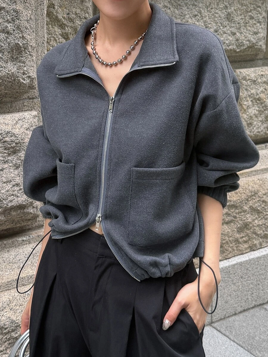 FRIFUL Women's Solid Color Zipper Casual Versatile Daily Wear Sweatshirt Fall - Grey - View 1