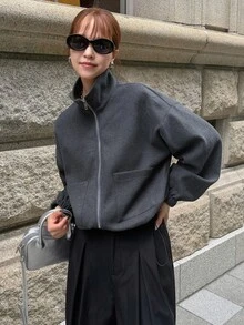 FRIFUL Women's Solid Color Zipper Casual Versatile Daily Wear Sweatshirt Fall - Grey - View 6