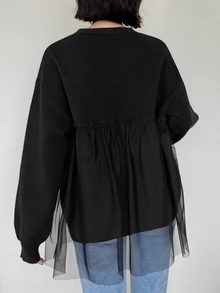 FRIFUL Women's Korean Autumn Solid Color Contrast Mesh Knit Sweater For Middle-Aged Women - Black - View 8