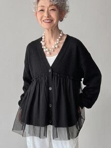 FRIFUL Women's Korean Autumn Solid Color Contrast Mesh Knit Sweater For Middle-Aged Women - Black - View 6