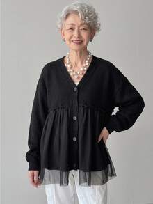 FRIFUL Women's Korean Autumn Solid Color Contrast Mesh Knit Sweater For Middle-Aged Women - Black - View 5