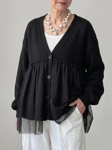 FRIFUL Women's Korean Autumn Solid Color Contrast Mesh Knit Sweater For Middle-Aged Women - Black - View 7