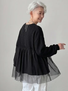FRIFUL Women's Korean Autumn Solid Color Contrast Mesh Knit Sweater For Middle-Aged Women - Black - View 2