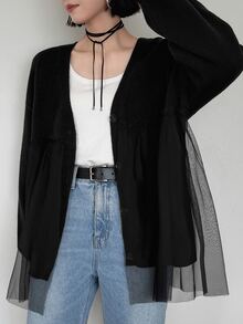 FRIFUL Women's Korean Autumn Solid Color Contrast Mesh Knit Sweater For Middle-Aged Women - Black - View 11