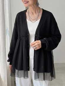 FRIFUL Women's Korean Autumn Solid Color Contrast Mesh Knit Sweater For Middle-Aged Women - Black - View 3