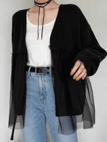 FRIFUL Women's Korean Autumn Solid Color Contrast Mesh Knit Sweater For Middle-Aged Women - Black - View 10