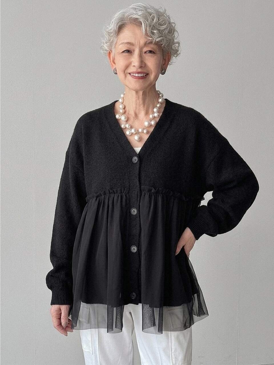 Women's Korean Autumn Solid Color Contrast Mesh Knit Sweater For Middle-Aged Women