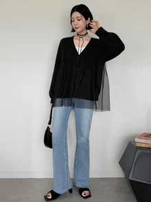 FRIFUL Women's Korean Autumn Solid Color Contrast Mesh Knit Sweater For Middle-Aged Women - Black - View 12