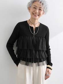 FRIFUL Women's Korean Autumn Solid Color Contrast Mesh Layered Knit Sweater For Middle-Aged Women Long Sleeve Tops - Black - View 3