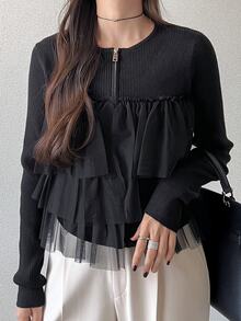 FRIFUL Women's Korean Autumn Solid Color Contrast Mesh Layered Knit Sweater For Middle-Aged Women Long Sleeve Tops - Black - View 10