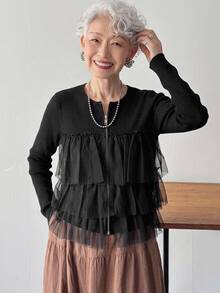 FRIFUL Women's Korean Autumn Solid Color Contrast Mesh Layered Knit Sweater For Middle-Aged Women Long Sleeve Tops - Black - View 4