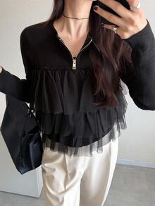FRIFUL Women's Korean Autumn Solid Color Contrast Mesh Layered Knit Sweater For Middle-Aged Women Long Sleeve Tops - Black - View 12