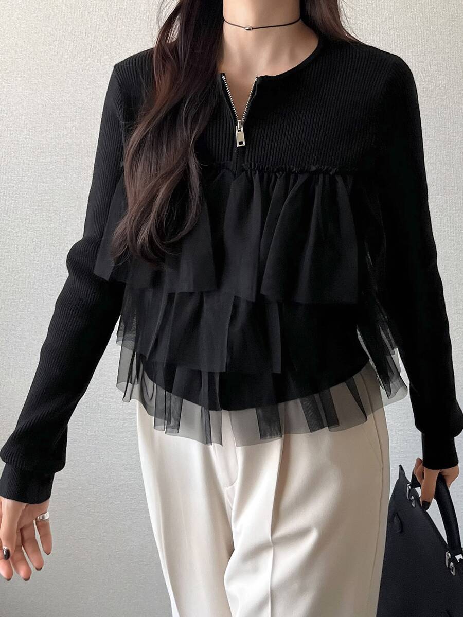 FRIFUL Women's Korean Autumn Solid Color Contrast Mesh Layered Knit Sweater For Middle-Aged Women Long Sleeve Tops - Black - View 1
