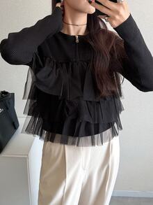 FRIFUL Women's Korean Autumn Solid Color Contrast Mesh Layered Knit Sweater For Middle-Aged Women Long Sleeve Tops - Black - View 11