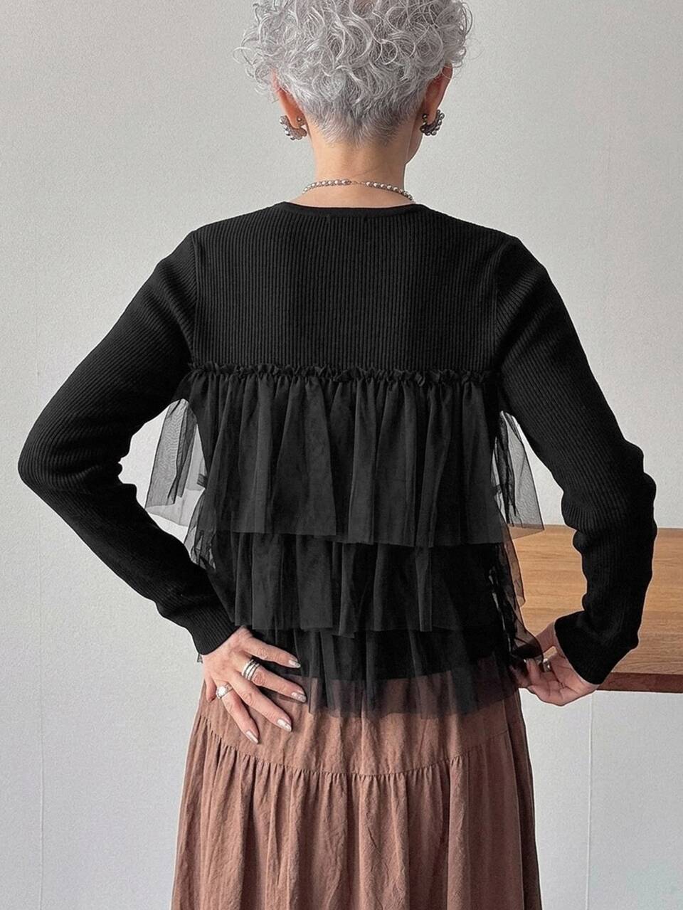 Women's Korean Autumn Solid Color Contrast Mesh Layered Knit Sweater For Middle-Aged Women