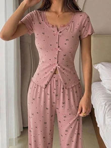 DAZY 2pcs/Set Atasan Kardigan Lengan Pendek Motif Renda dan Celana Panjang Piyama Lurus, Set Pakaian Tidur Musim Panas Wanita - Berwarna merah muda - View 6