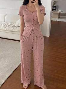 DAZY 2pcs/Set Atasan Kardigan Lengan Pendek Motif Renda dan Celana Panjang Piyama Lurus, Set Pakaian Tidur Musim Panas Wanita - Berwarna merah muda - View 5