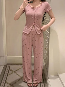 DAZY 2pcs/Set Atasan Kardigan Lengan Pendek Motif Renda dan Celana Panjang Piyama Lurus, Set Pakaian Tidur Musim Panas Wanita - Berwarna merah muda - View 1