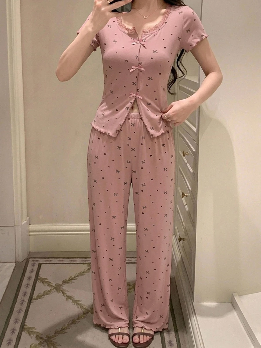 DAZY 2pcs/Set Atasan Kardigan Lengan Pendek Motif Renda dan Celana Panjang Piyama Lurus, Set Pakaian Tidur Musim Panas Wanita - Berwarna merah muda - View 1