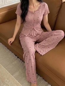 DAZY 2pcs/Set Atasan Kardigan Lengan Pendek Motif Renda dan Celana Panjang Piyama Lurus, Set Pakaian Tidur Musim Panas Wanita - Berwarna merah muda - View 3
