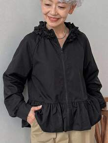 FRIFUL Jaket Wanita Polos Berlipit Kasual Serbaguna untuk Sehari-hari di Musim Gugur - Hitam - View 3