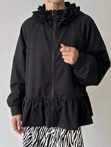 FRIFUL Jaket Wanita Polos Berlipit Kasual Serbaguna untuk Sehari-hari di Musim Gugur - Hitam - View 9