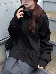 FRIFUL Jaket Wanita Polos Berlipit Kasual Serbaguna untuk Sehari-hari di Musim Gugur - Hitam - View 7