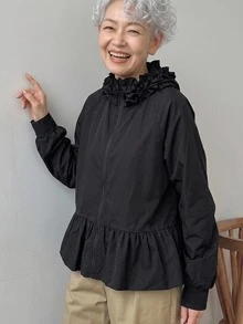 FRIFUL Jaket Wanita Polos Berlipit Kasual Serbaguna untuk Sehari-hari di Musim Gugur - Hitam - View 4