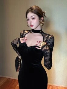 DAZY Gaun Midi Elegan Wanita Model Slim Fit Lengan Panjang dengan Detail Renda Kontras dan Potongan untuk Musim Gugur - Hitam - View 1