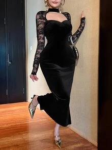 DAZY Gaun Midi Elegan Wanita Model Slim Fit Lengan Panjang dengan Detail Renda Kontras dan Potongan untuk Musim Gugur - Hitam - View 3