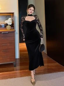 DAZY Gaun Midi Elegan Wanita Model Slim Fit Lengan Panjang dengan Detail Renda Kontras dan Potongan untuk Musim Gugur - Hitam - View 8