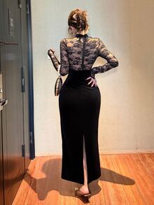 DAZY Gaun Midi Elegan Wanita Model Slim Fit Lengan Panjang dengan Detail Renda Kontras dan Potongan untuk Musim Gugur - Hitam - View 2