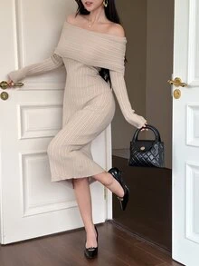 DAZY Women's Elegant Solid Color Cold Shoulder Slim Fit Knit Dress Fall Long Sleeve Tops - Apricot - View 5