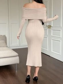 DAZY Women's Elegant Solid Color Cold Shoulder Slim Fit Knit Dress Fall Long Sleeve Tops - Apricot - View 2