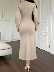 DAZY Đầm len nữ thanh lịch trang trí hoa 3D, cổ tròn, tay dài cho mùa thu - Màu be - Xem 2