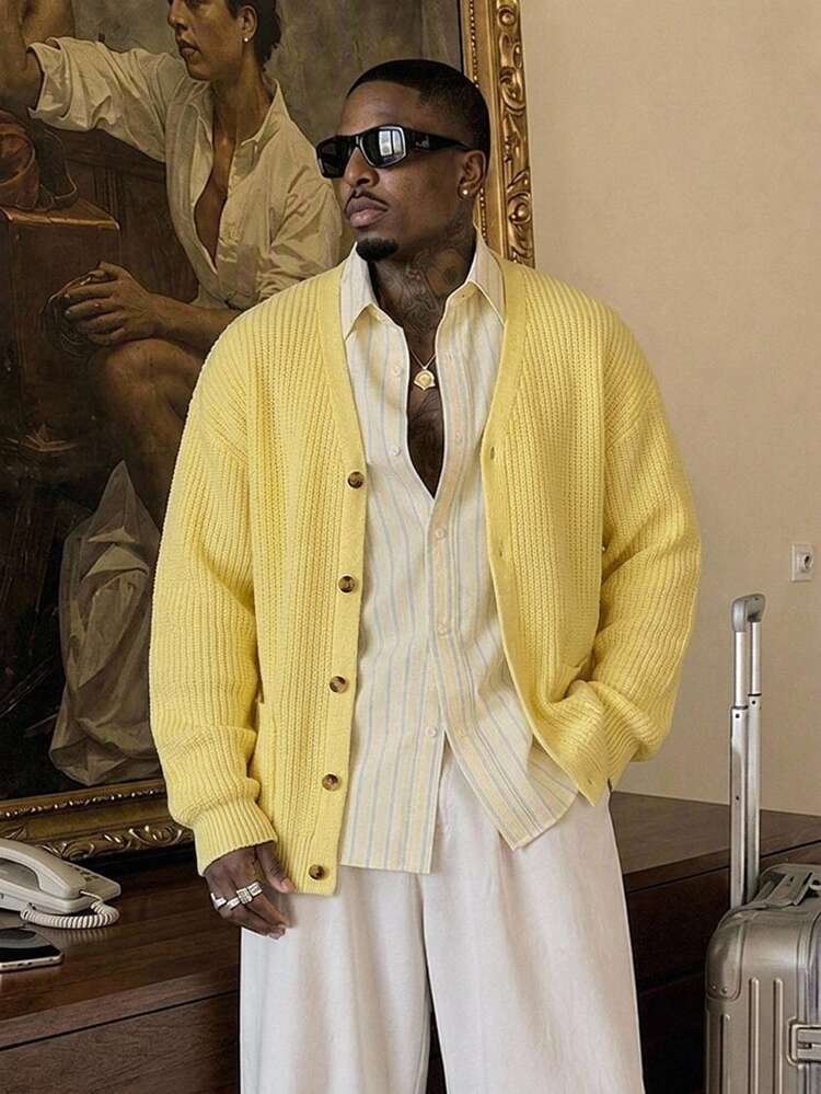 Vientiro Men's Solid Color Single-Breasted Casual Knit Long Sleeve Cardigan - Light Yellow - View 5
