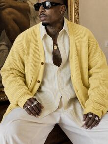 Vientiro Men's Solid Color Single-Breasted Casual Knit Long Sleeve Cardigan - Light Yellow - View 3