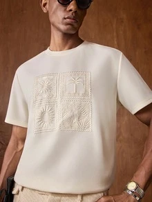 AKNOTIC Business Casual 男士短袖圓領休閒T恤，棕櫚樹刺繡，夏季休閒街頭風海灘度假上衣，父親節禮物，足球 - 棕色 - 查看 3