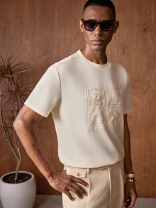 AKNOTIC Business Casual 男士短袖圓領休閒T恤，棕櫚樹刺繡，夏季休閒街頭風海灘度假上衣，父親節禮物，足球 - 棕色 - 查看 6