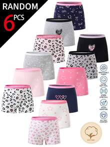 SHEIN [6 Random Piece]Tween Girls Cotton Boyshorts, Soft All-Season Basic Underwear With Leopard Bow Print And Contrast Waistband Autumn Fall - Multicolor - View 2