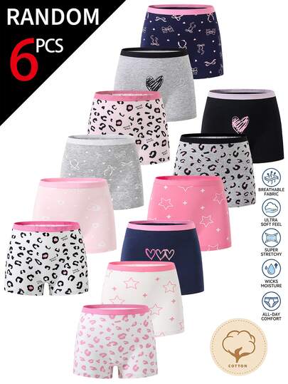 SHEIN [6 Random Piece]Tween Girls Cotton Boyshorts, Soft All-Season Basic Underwear With Leopard Bow Print And Contrast Waistband Autumn Fall