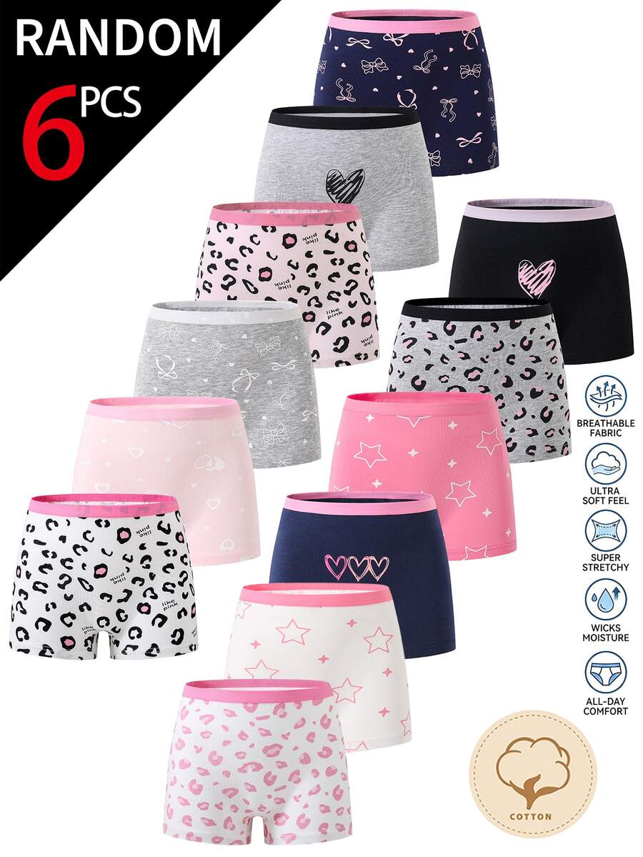 SHEIN [6 Random Piece]Tween Girls Cotton Boyshorts, Soft All-Season Basic Underwear With Leopard Bow Print And Contrast Waistband Autumn Fall