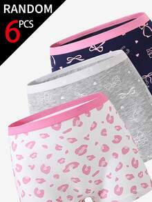 SHEIN [6 Random Piece]Tween Girls Cotton Boyshorts, Soft All-Season Basic Underwear With Leopard Bow Print And Contrast Waistband Autumn Fall - Multicolor - View 5